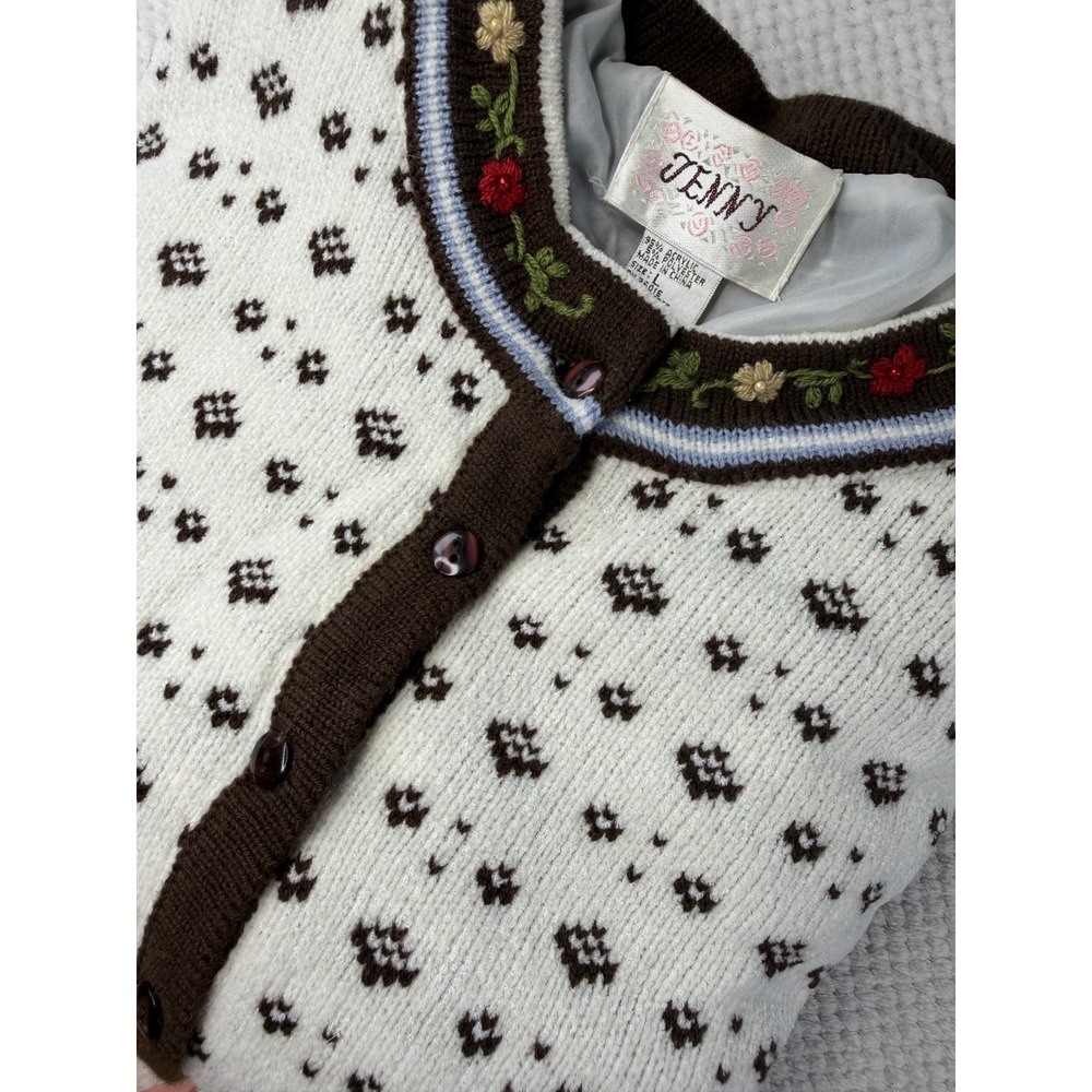 Vintage Jenny Floral Embroidered Fair Isle Lined Cardigan Sweater Brown White L